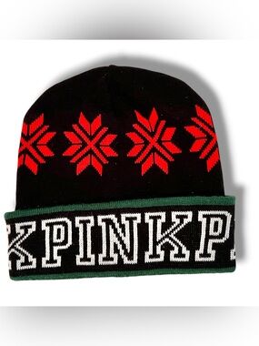 PINK Victoria's Secret Beanie Womens One Size Black Fair Isle Christmas C-7